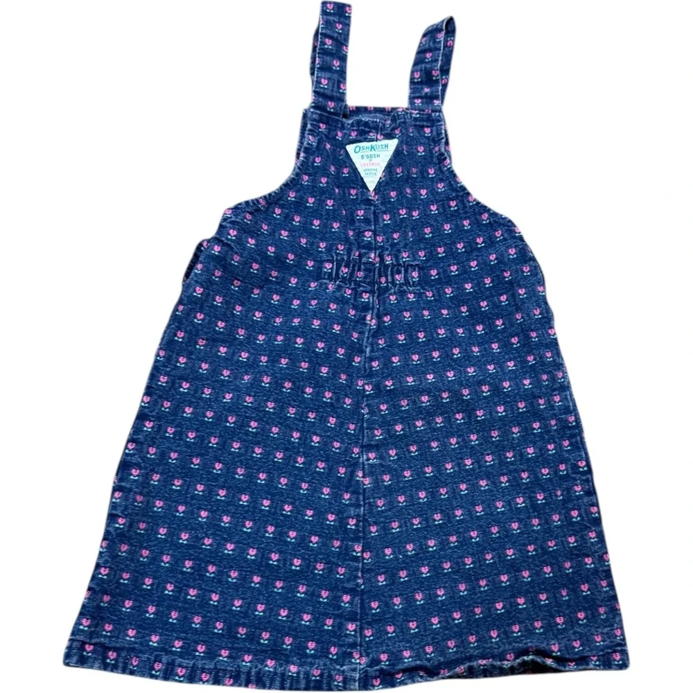 OshKosh B'Gosh Girls Denim Floral Tulip Overall Dress Skirtall VTG‎ Size 5
